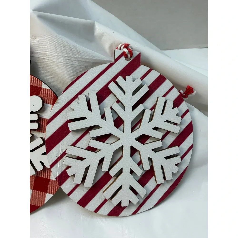 4pc Red White Wooden Snowflake Christmas Ornaments Plaid Polka Dot Striped Decor